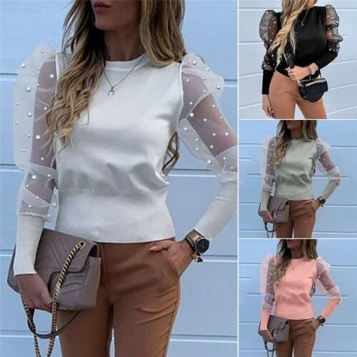 Sexy Women Ladies Puff Mesh Sleeve Tops Mesh Lace Sleeve Pearl Pullover Blouse Solid Women Loose Jumper Shirt