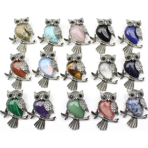 12pcs Vintage Silver Plated Owl Natural Stone tiger eye Turquoises lapis crystal Brooch For Women Charms Jewelry Brooches