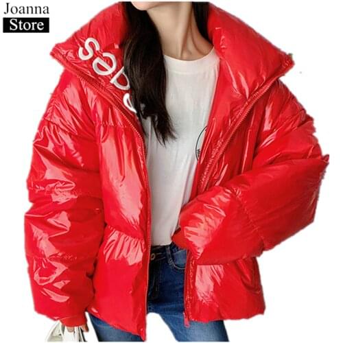 Winter New Short Parka Glossy Cotton Clothing Women Warm Fluffy Black Standing Collar Cotton Jackets Oversized Casual Thick Coat