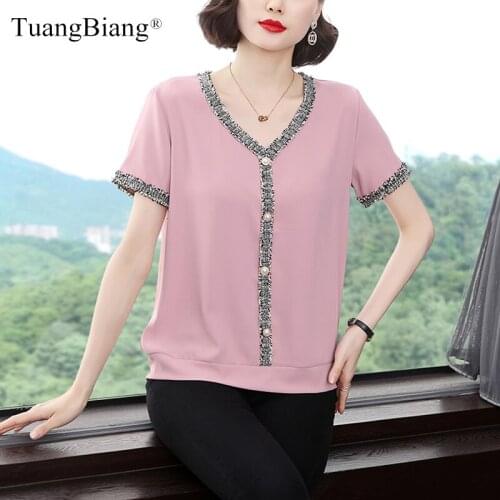 Ladies 2021 Tassel Beading V-Neck Chiffon Shirt Summer Short Sleeve Loose Women Casual Blouse Fashion Patchwork Pink Cotton Tops