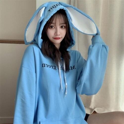 2021 Blue Rabbit Ear Sweatshirt Hoodie Women Streetwear Autumn Women Loose Spring Hoodie Cute Japan Harajuku High Street Clothes