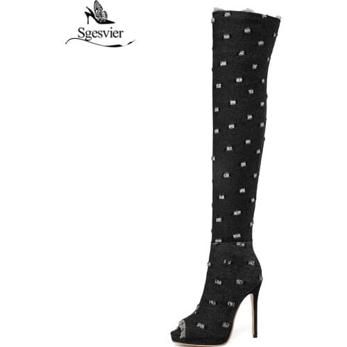 Sgesvier Women Boots summer autumn peep toe Over The Knee Boots High quality elastic jeans fashion boots high heels boots G194