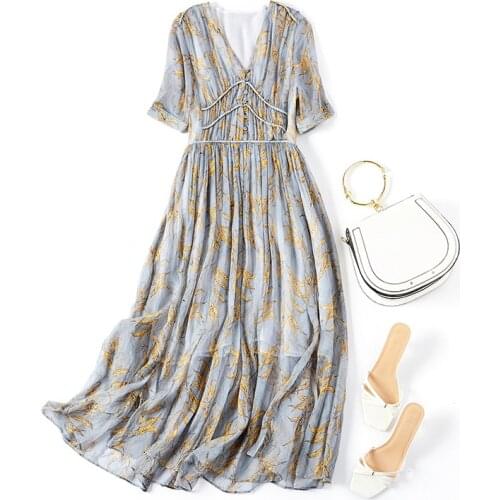 High Quality 100% Silk Dress Women Summer 2021 Floral Long Dress Female Elegant Ladies Dresses Casual Vestido De Mujer Pph4932