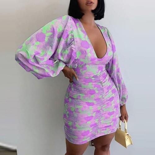 2021 new strapless high waist V-neck dress summer fashion printing long-sleeved bag hip skirt ladies elegant printing party dres