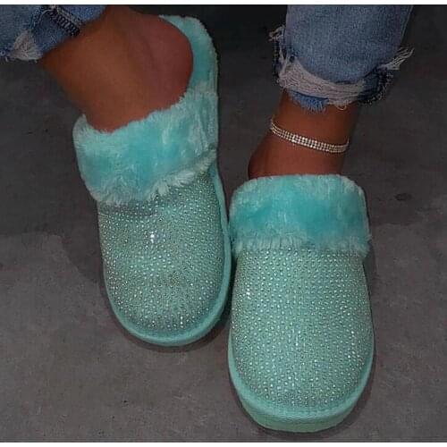 2020 New Fashion Womens Slippers Winter New Hedging Rhinestone Flat Home Slippers 35-43 Faux Fur Warm House Slippers Women