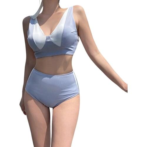2021 Swimwear Women Sexy 2 Pieces Bikini Sets Girls Sweet Blue White Color Blocking Swimsuit Halter Backless Bathing Suit Summer