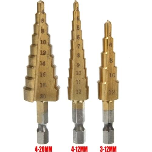 3pcs 3-12/4-12/4-20mm High-speed Steel 4241 HSS Step Cone Drill Bits Set Titanium Coated Hole Cutter For Home Tools