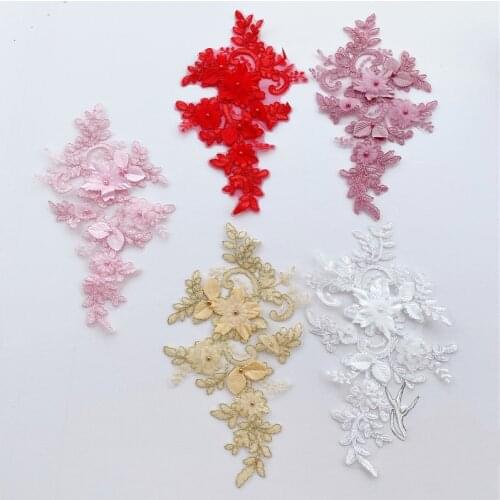 4Pieces Red Off White Red Pink Lace Accessories French Style Pearls Lace Applique Chantilly Fabric For Wedding Dress