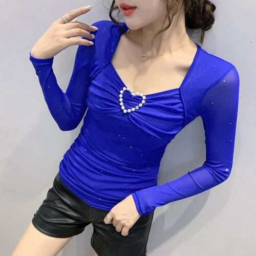 #8657 Black Red Blue Mesh T Shirt Women Square Collar Pearls Sexy Club Skinny T Shirt Female Thin Folds Mesh Top Women T Shirt