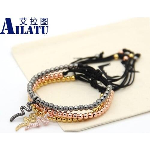 Ailatu Braiding Macrame Bracelet 4mm Brass Beads Hang Snake Cubic Zirconia Pendant Animal Shape