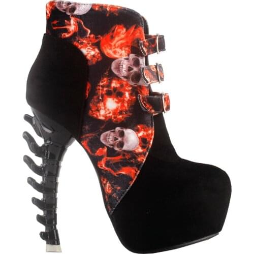 LF80664 SHOW STORY Black Skull In Fire Strappy Buckle High-Top Bone High Heel Platform Ankle Boots