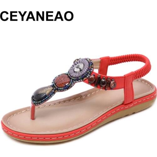 CEYANEAO New flat shoes in a bohemian style with crystals womens sandals with rivets and pearls womens slippers with a sandals