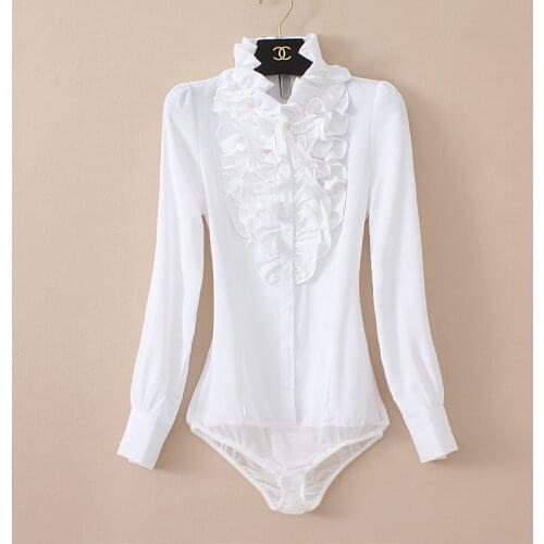 Korea Style Elegant Ruffles Neck Womens Body Blouse Tops Shirt Long Sleeve Beige Black Office Ladies Tops Blouse Femme S - XXL