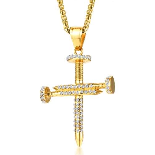 Exquisite Stainless Steel Men Necklace Chain Pendant With Rhinestone Nail Cross Shape Punk Personality Jewelry Gift for Men Boy