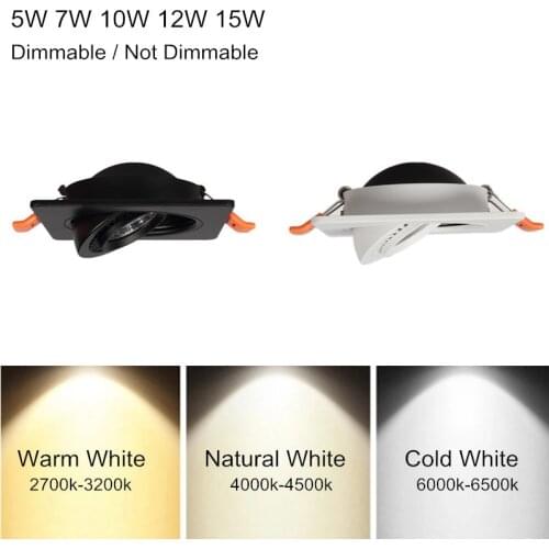 Dimmable 360 Angle Rotatable LED Ceiling Spot Light 5W 7W 10W 12W 15W Square LED Recessed Downlight with AC 85-265V LED Driver