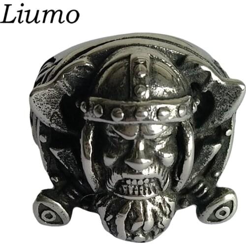 Liumo Fashion Punk Style Vintage Viking Old Man Axe Armor Soldier 316L Stainless Steel Men Biker Ring Lr972