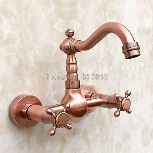 Wall Mounted Antique Red Copper Kitchen Sink Swivel Spout Faucet / Bathroom Basin Dual Cross Handles Mixer Taps Wrg030