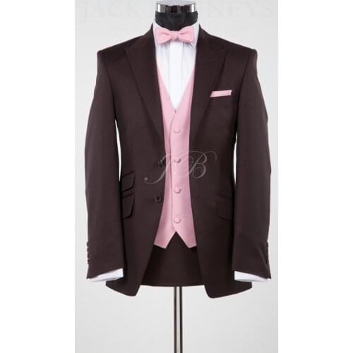 Brand New Mens Suits Groomsmen Peak Lapel Groom Tuxedos Brown Wedding Best Man Suit (Jacket+Pants+Tie+Vest) A39