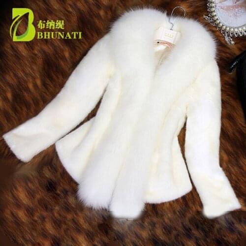 BHUNATI New Arrival Women Fur White Coat with Faux Fox Fur Collar Female Black Artificial Coat Fashion SlimOvercoat