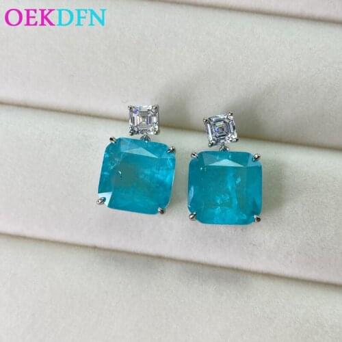 OEKDFN Real 925 Sterling Silver Drop Earrings For Women 15*15MM Paraiba Tourmaline Gemstone Jewelry Anniversary Dangle Earrings