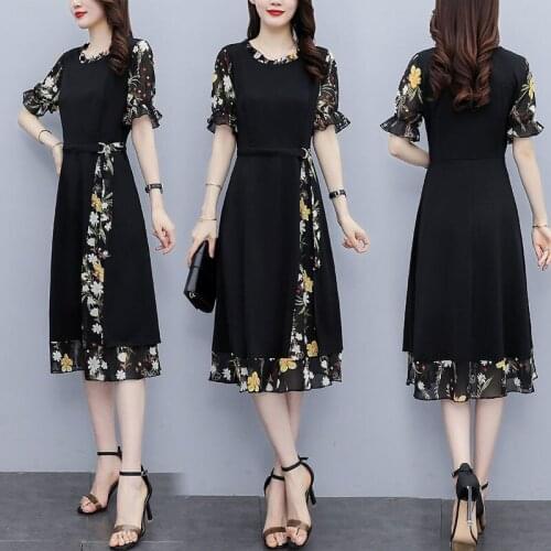 Plus Size Women Party Long Elegant Spring Summer sundress 2021 New Chiffon Patchwork Slim Dress Japanese Korean Version Clothes