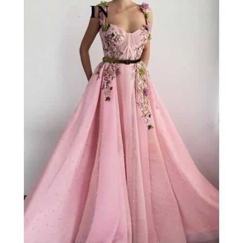 Pink Muslim Evening Dresses A-line Sweetheart Tulle Appliques Flowers Pearls Dubai Saudi Arabic Long Formal Evening Gown