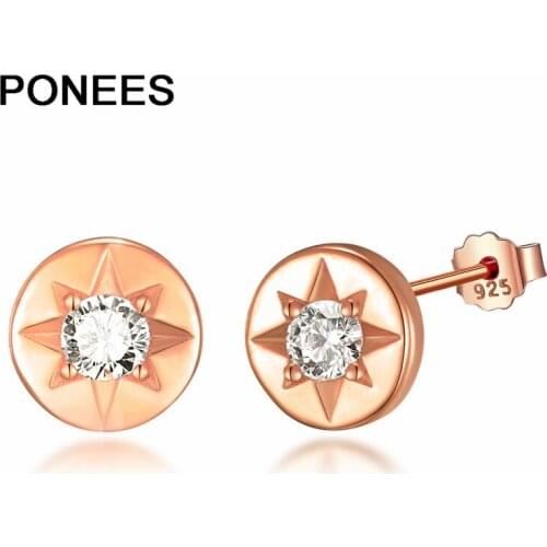 Ponees Stud-Earrings Star Sterling Silver Round Simple Earrings Jewelry Rose Gold-Silver For Women Girls