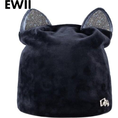 Rhinestone beanies cap with ears skullies women autumn winter hats for ladies fashion beanie cat hat women casual velvet caps