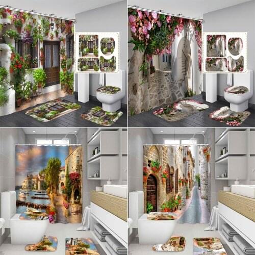 Fresh flowers Doorway Street Alley Bathroom Curtains Anti-skid Rugs Toilet Lid Cover Bath Mat Waterproof Fabric Shower Curtain