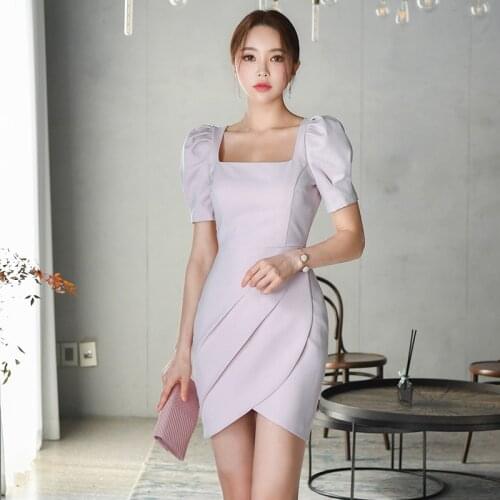 French Elegant Short Puff Sleeve Party Dress Ruched Solid Color Purple Square Collar Slim Irregular Dresses