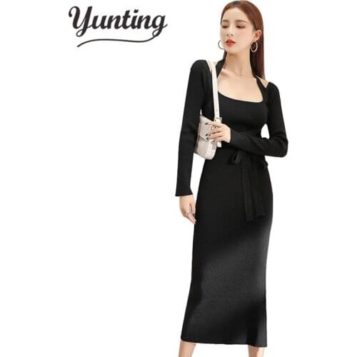 High Quality Sweater Dress Women Knitted Slim Pullover Clothing O-Neck Sweater Ladies Long Sleeve Long femme dress