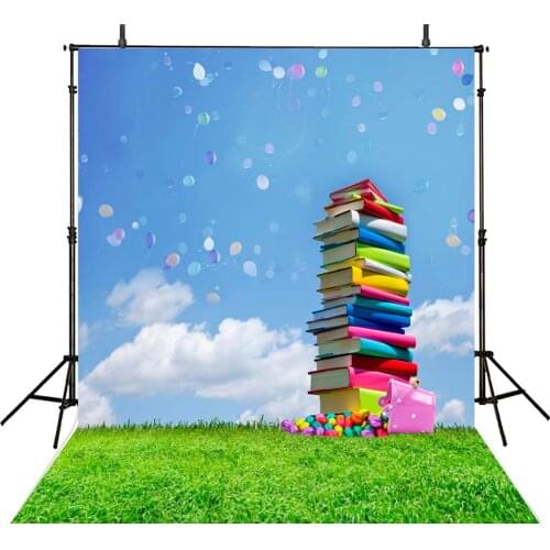 Books Grass Colour Balloon School background polyester or Vinyl cloth High quality Computer print party backdrops
