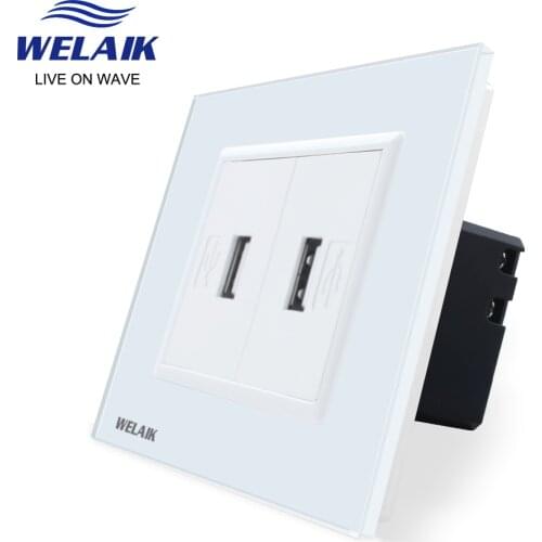 WELAIK EU 5V 2100mA USB-Socket outlet-USB-charging power-supply Crystal-Glass Panel- 5V 2USB Wall socket A182USW