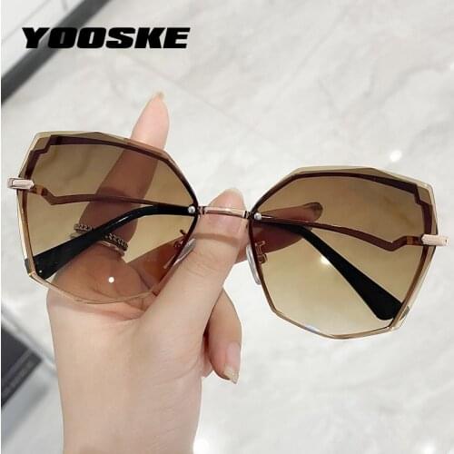 YOOSKE 2021 Gradient Cat Eye Sunglasses Women Luxury Brand Ladies Rimless Sun Glasses Oversized Clear Ocean Lens Eyewear UV400