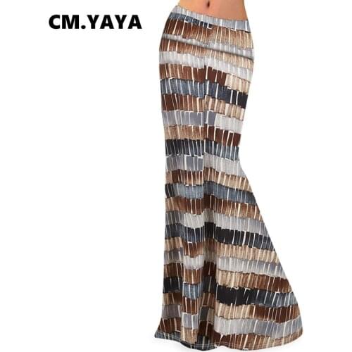CM.YAYA Women Skirts Print Elastic Low Waist Stretchy Skinny Trumpet Long Maxi Skirts Vintage Clothing Autumn 2021
