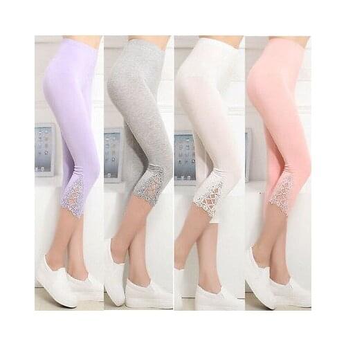 2017 Leggings Women Pants Casual Solid Three Quarter Length Stretch Lace Cross Strap Light Color High Waist Trousers