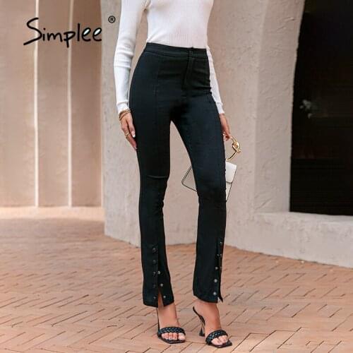 Simplee Office high waist women long pencil pants black Casual button split pants capris autumn Elegant lady tight work trousers