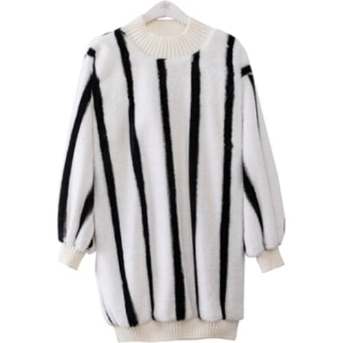 PERHAPS U Women Sweater Black White Strip Faux Fur Turtleneck Pullovers Long Sleeve Casual Winter Loose Long Sweater M0042