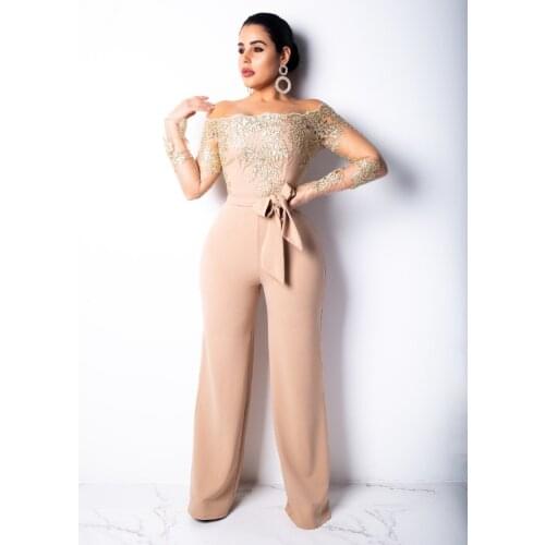 Elegant Appliques Lace Patchwork Jumpsuit Women Sexy Off Shoulder Long Sleeve Wide Leg Pants Women Jumpsuit Female Body Overalls