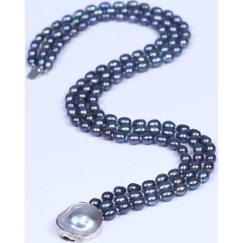 Women Natural 3Rows 8-9mm Black Freshwater Rice Pearl Shell Clasp Necklace