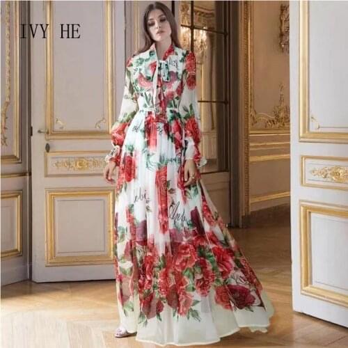 IVY HE Summer Womens Dress 2021 Europe New Pattern High End Chiffon Red Rose Print DressTemperament Waist Long Dresses