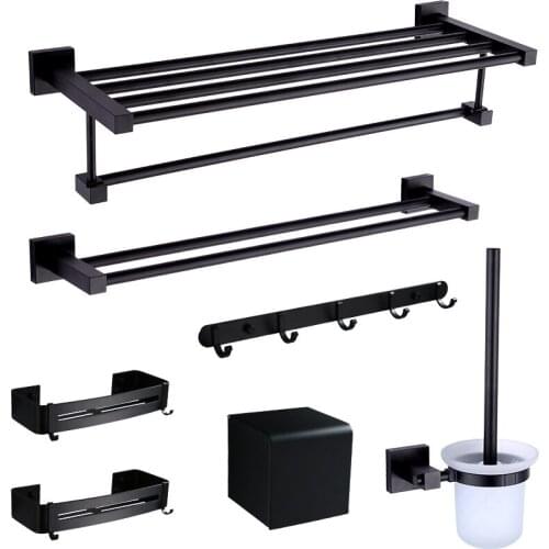 Bathroom Accessories Towel Rack Corner Shelf Towel Ring Robe Hook Toilet Brush Holder Towel Bar Paper Holder Aluminum Black