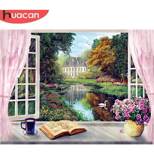 HUACAN Full Drill Diamond Painting Window Landscape Cross Stitch Diamond Embroidery River Mosaic Handcraft