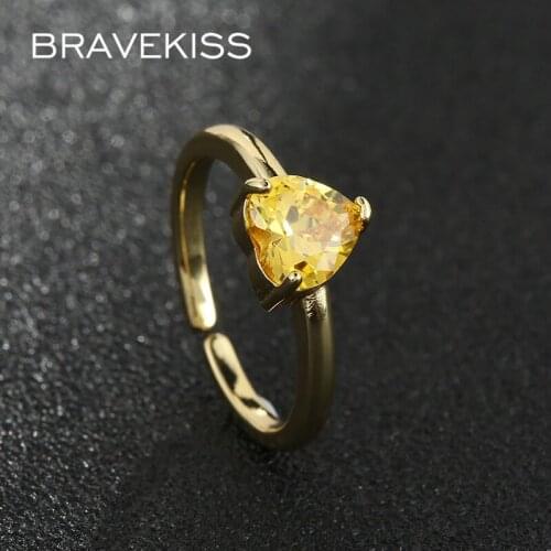 BRAVEKISS NEW Yellow Heart-Shaped 7.5mm CZ Ring for Women Femme Adjustable Wedding Rings Gold Color Fashion Jewelry UR0626