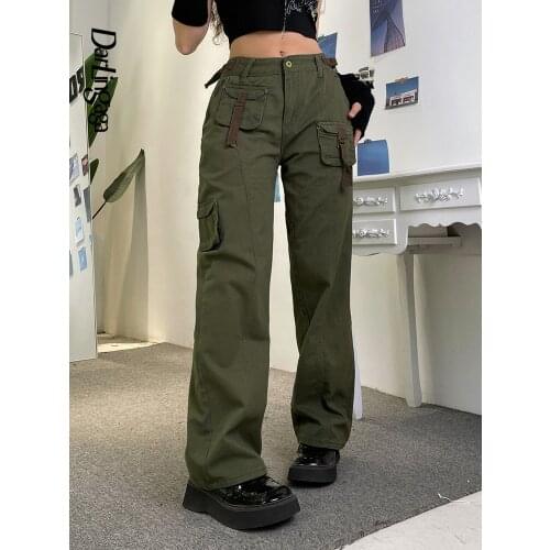 Darlingaga Streetwear Y2K Aesthetic Cargo Pants Women Jeans Vintage Pockets Straight Boot Cut Denim Trousers Low Waist Jeans New