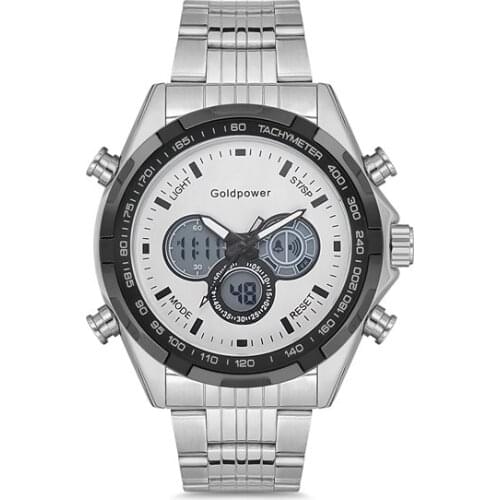 Goldpower Silver Watchband Wristwatches Black Dial Silver Case Men 'S Wristwatch Clock