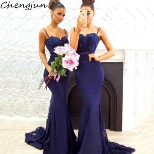Chengjun Sexy Vintage Spaghetti Strap Long Navy Blue Mermaid Bridesmaid Dress