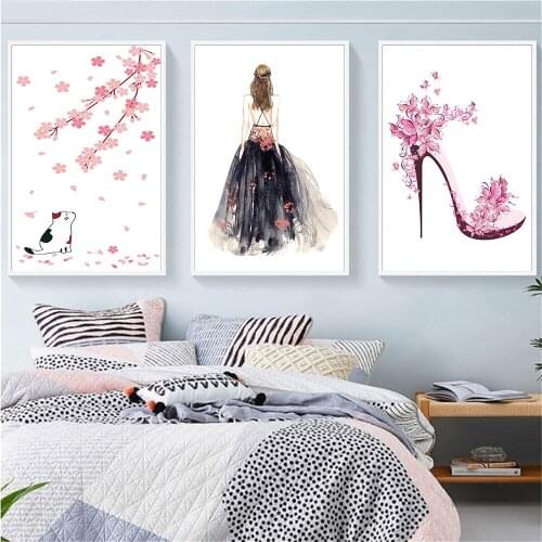 Girl Wall Art Picture Cat Fashion Canvas Pink Girl Princess Poster High-heeled Shoes Flower Wall Pictures for Bedroom Decoration