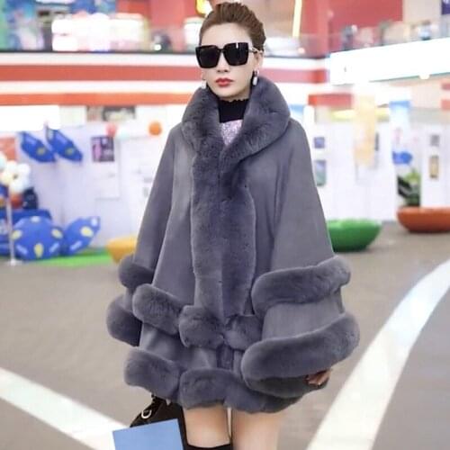 Double Layer Luxury Rex Rabbit Fur Cape Coat Hooded Shawl Winter Women Knit Cashmere Poncho Overcoat Faux Fur Wraps Plus Size
