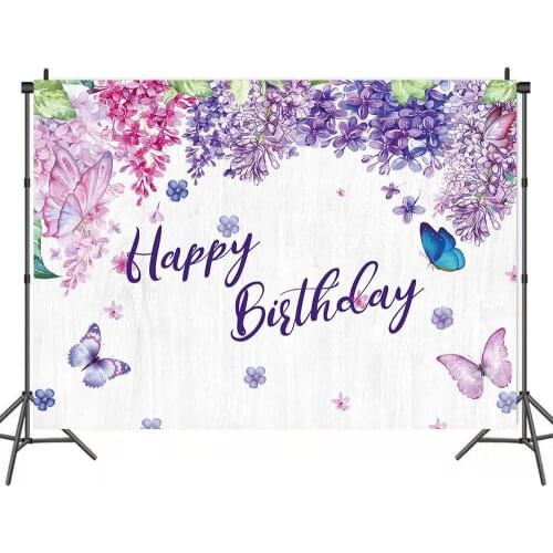 Purple Wisteria Photo Backdrop Baby Shower Happy Birthday Girls Butterflies Party Photograph Background Banner Booth Decoration